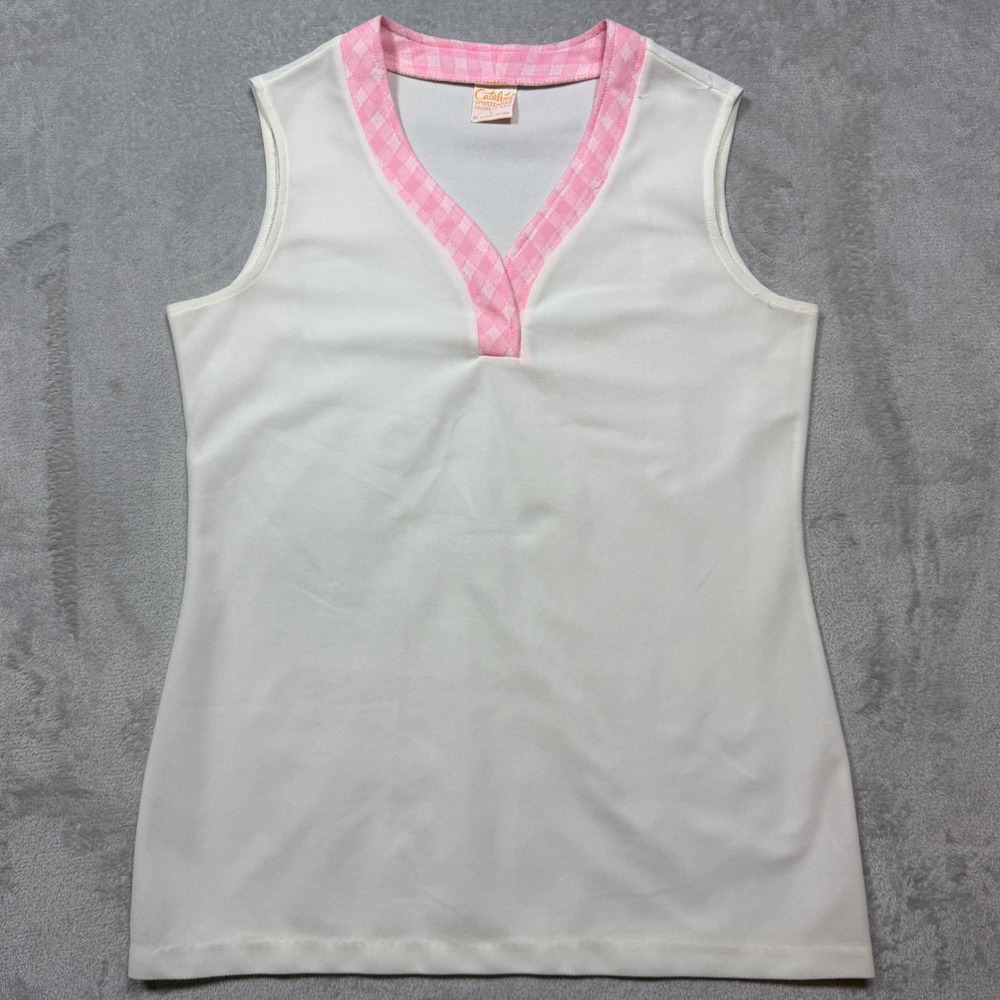 Vintage 1970s White Pink Gingham  Sleeveless Sportswear Top Size L/M Retrosport